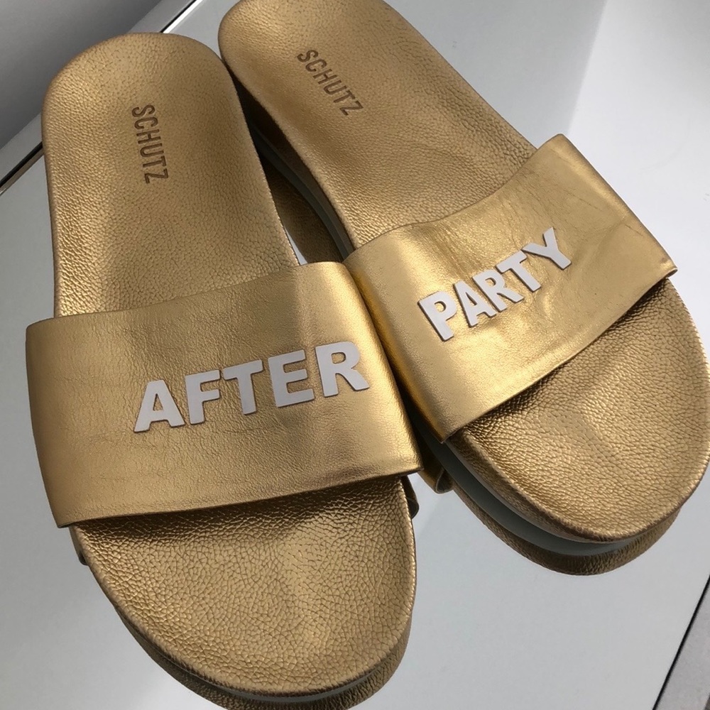 Shutz Custom Gold After Party Slides - image 1